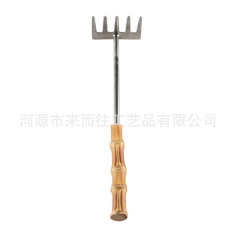 园林艺工具不锈钢加厚竹节根木柄花草盆栽种植刨松土五齿爪耙子