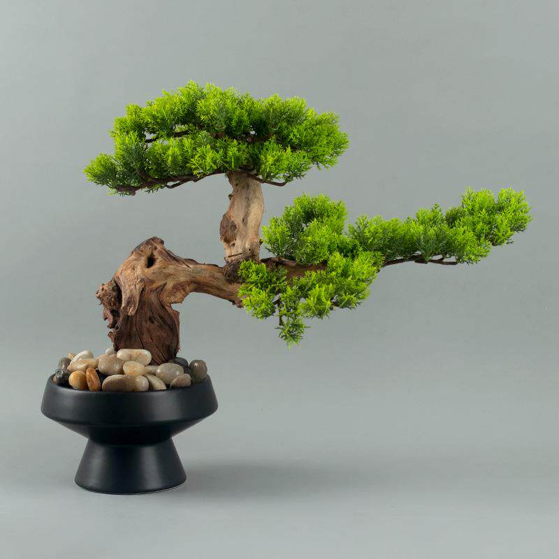 新中式创意盆景茶室桌面绿植仿真树迎客松盆栽摆设松树罗汉松造景