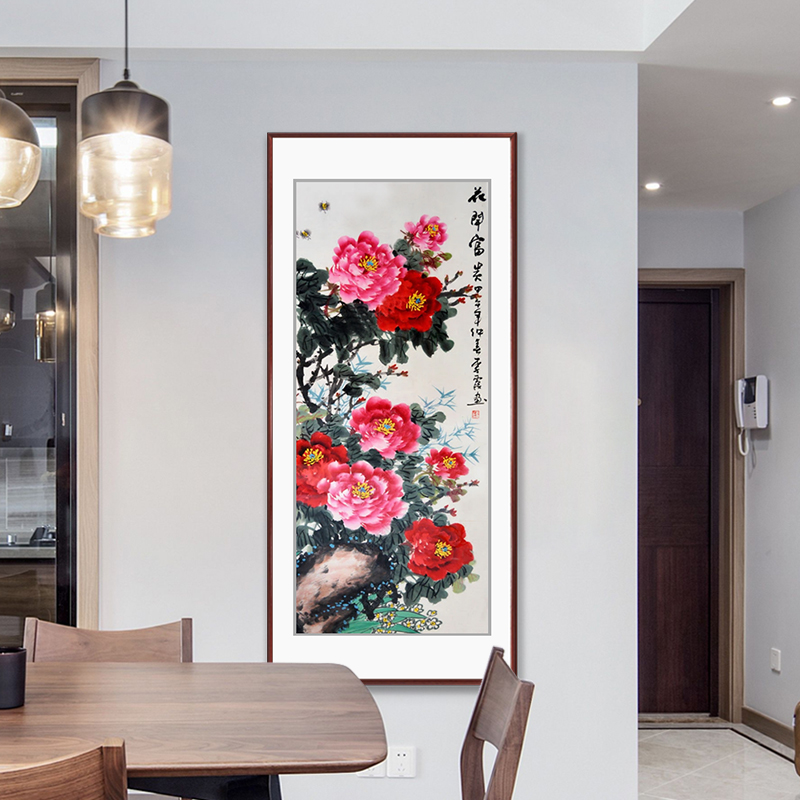 牡丹花开富贵装饰画入户玄关走廊过道挂画现代客厅竖版壁画墙画图片