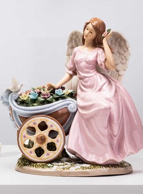外贸出口西班牙雅致高温陶瓷花车天使女孩鸽子家居摆件装饰品礼物