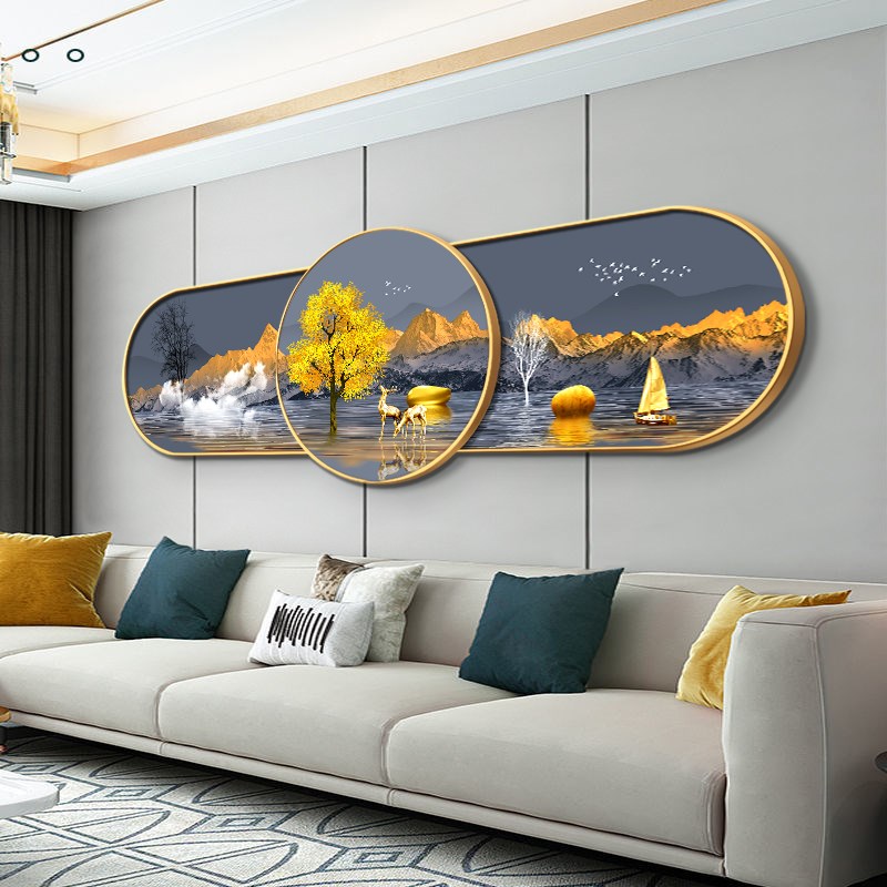 客厅装饰画现代简约圆形叠加挂画轻奢大气麋鹿墙画沙发背景墙壁画图片