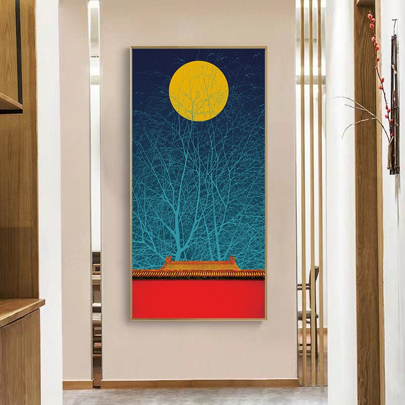 国潮装饰画中国红明清古典玄关走廊过道壁画新中式风花鸟建筑挂画图片