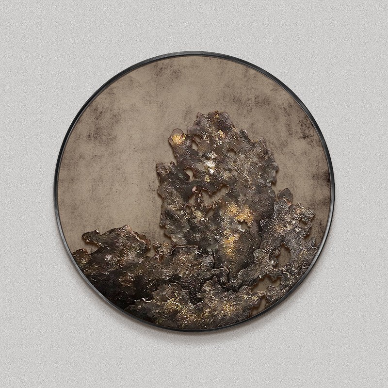 浮雕入户玄关圆形沙发背后装饰画手绘新中式肌理实物酒店餐厅挂画图片