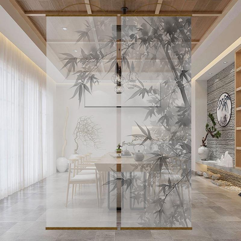 新中式水墨竹画双面透景屏风纱卷帘隔断帘挂帘窗帘玄关透光纱帘