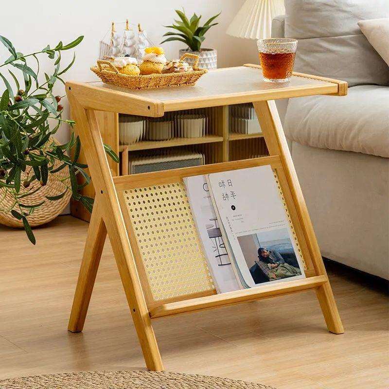 日式卧室沙发边几客厅玻璃小茶几创意角几边柜小方桌藤编置物架子