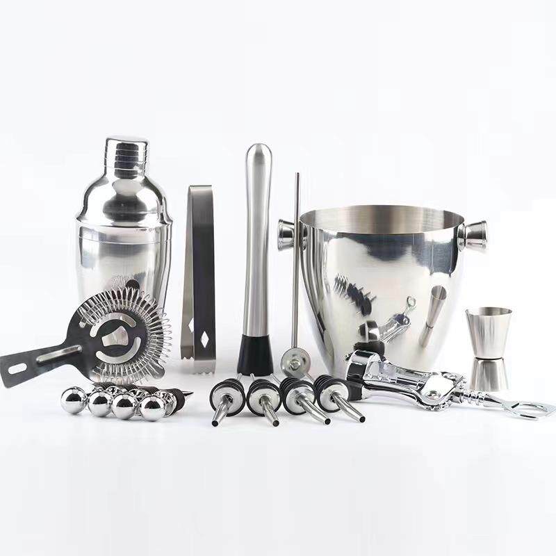 厂家跨境不锈钢调酒器套装1400ml冰桶16件套红酒开瓶器酒塞