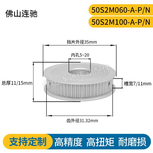 S2M50齿同步皮带轮槽宽7/11A型 铝合金氧化HTPA50S2M060-A-P5-20