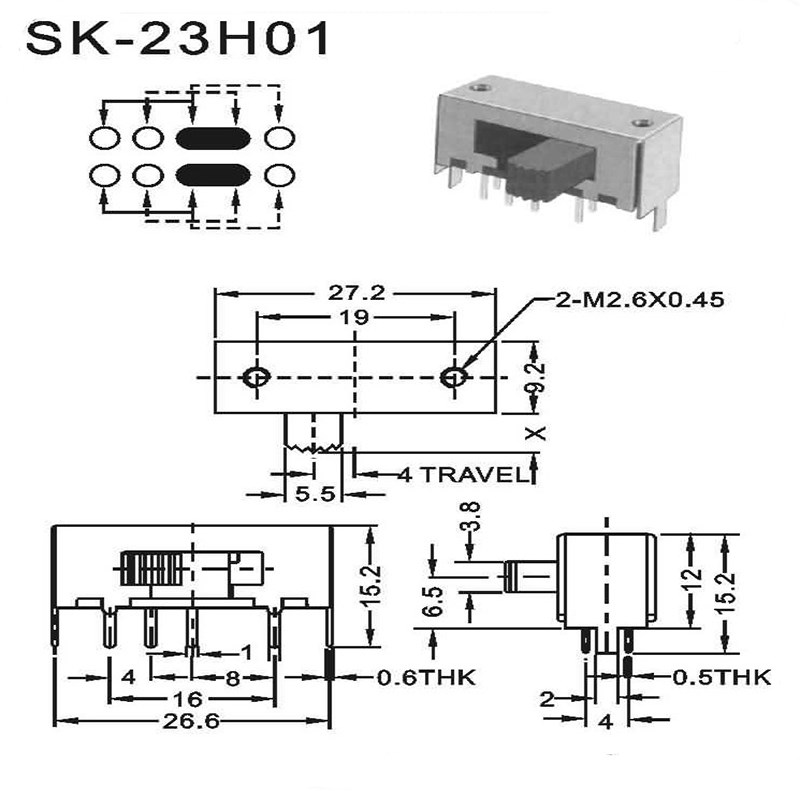 SK-23H01(2P3T) 8脚3档滑动电源开关 卧式拨动开关  音箱切换开关