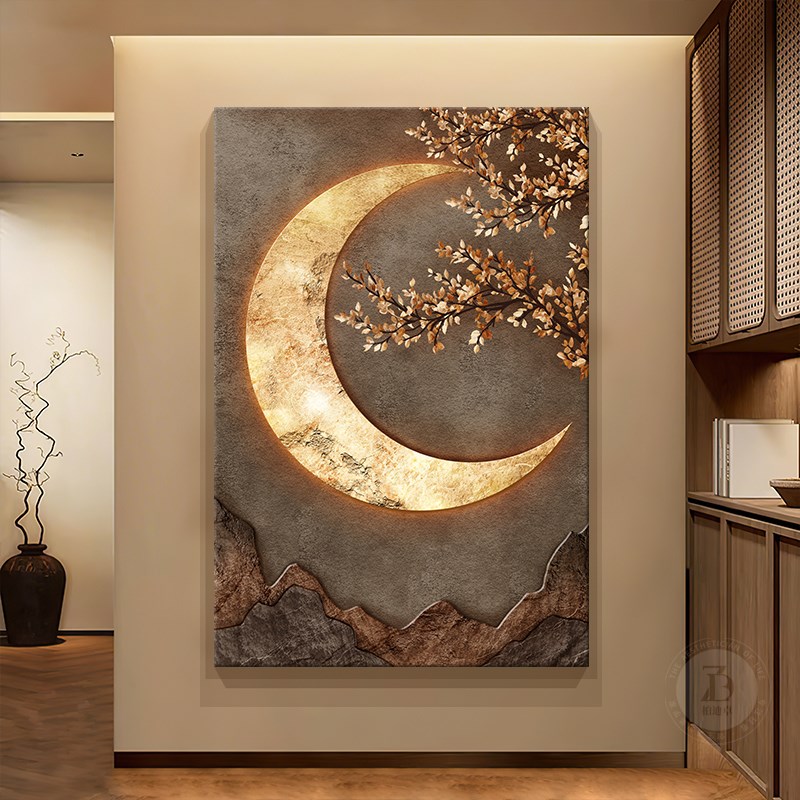 侘寂风入户玄关装饰画浮雕立体感走廊过道挂画高级感复古月球壁画图片