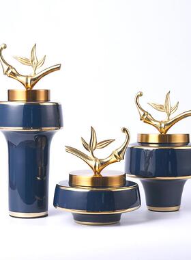 新中式家居样板房玄关蓝色陶瓷花瓶竹节摆件干花插花装饰品摆设