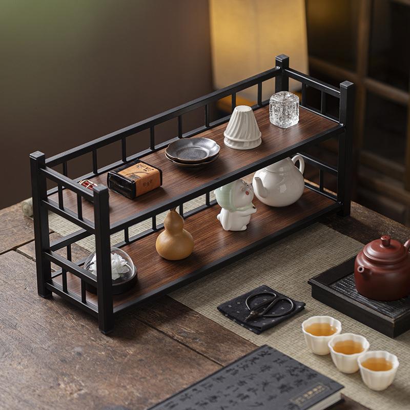 复古铁艺架茶杯架茶具茶壶收纳展示架多宝格博古架双层竹茶架子
