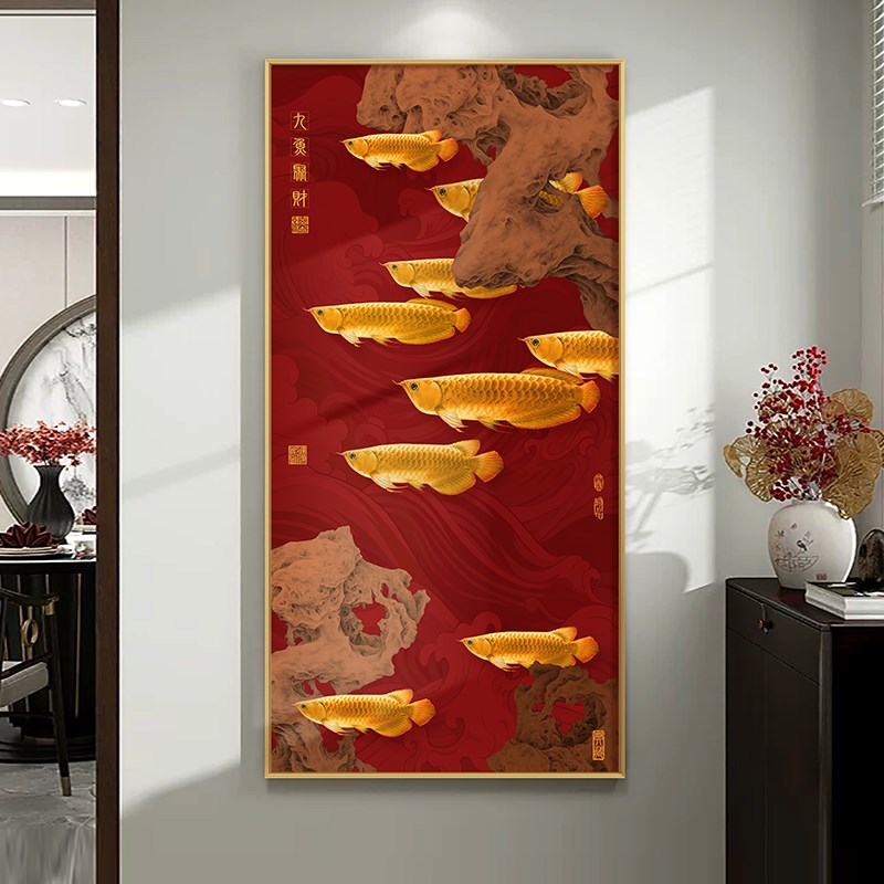 金龙鱼缸背景墙装饰画客厅玄关茶室酒店餐厅挂画年年有鱼方形壁画图片