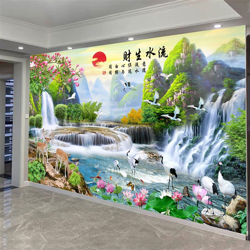 3D立体壁画山水画自粘墙纸墙贴客厅沙发电视背景墙壁布现代装饰画图片