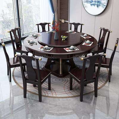 新中式实木餐桌椅组合带转盘圆形酒店圆餐桌10人家用饭桌大圆桌