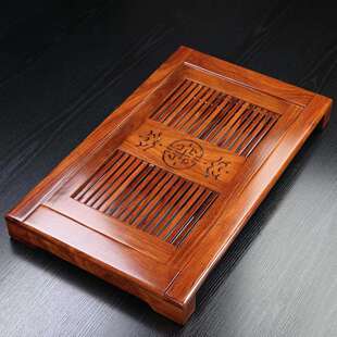 花梨木实木茶盘储水排水两用家用干泡简约方形抽屉式不锈钢托盘