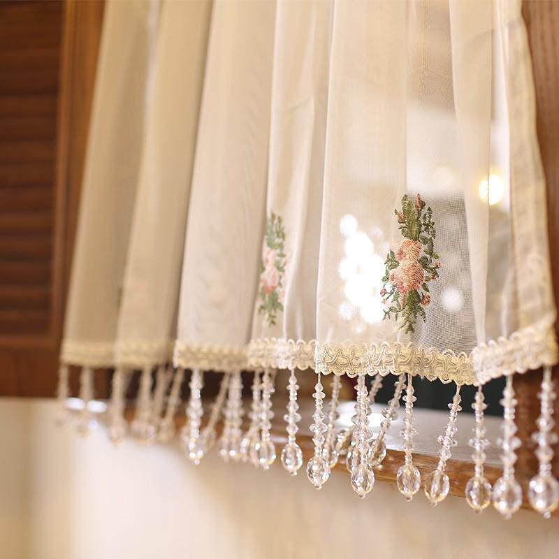 玫瑰花水晶珠美式乡村白蕾丝门帘窗帘隔断纱帘咖啡帘半帘