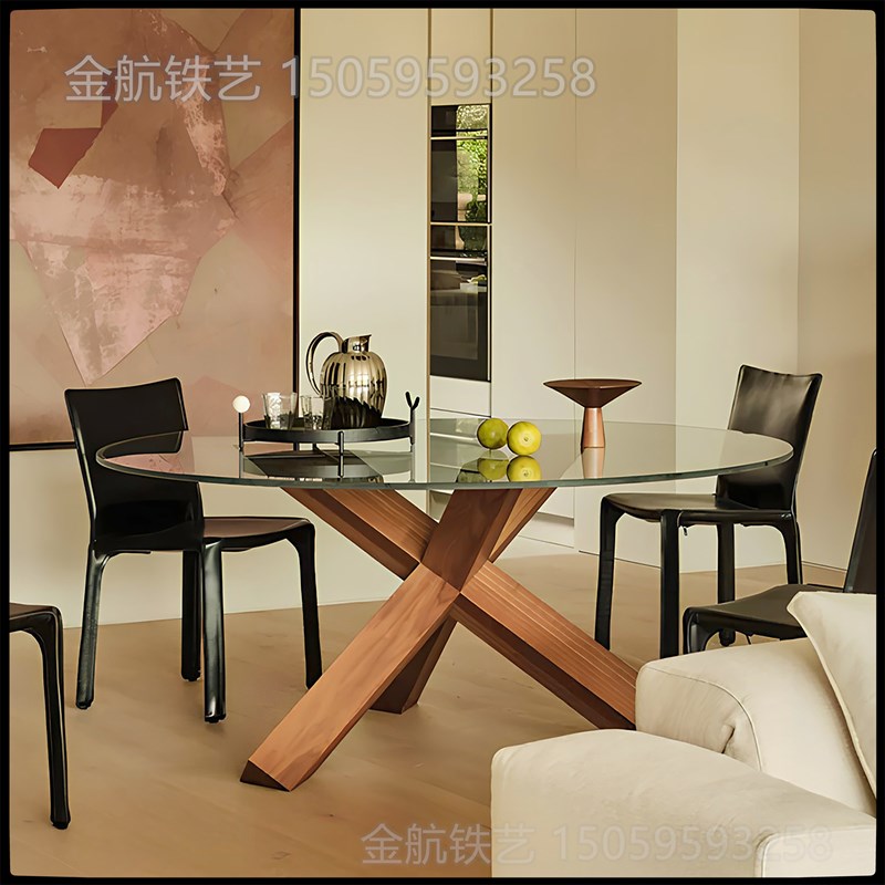 钢化玻璃圆桌法式复古圆形餐桌实木客厅餐厅酒店大圆桌轻奢高级感