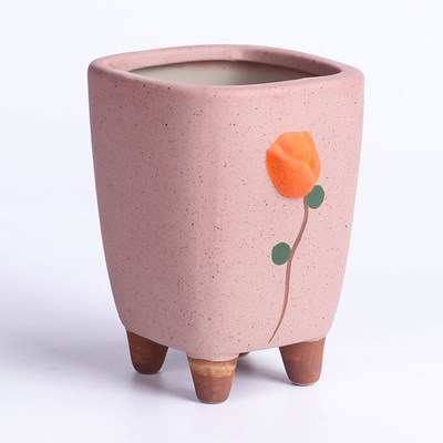 桃蛋多肉花盆手绘方形高脚粉色桌面肉肉粗陶透气拇指盆小套装专用