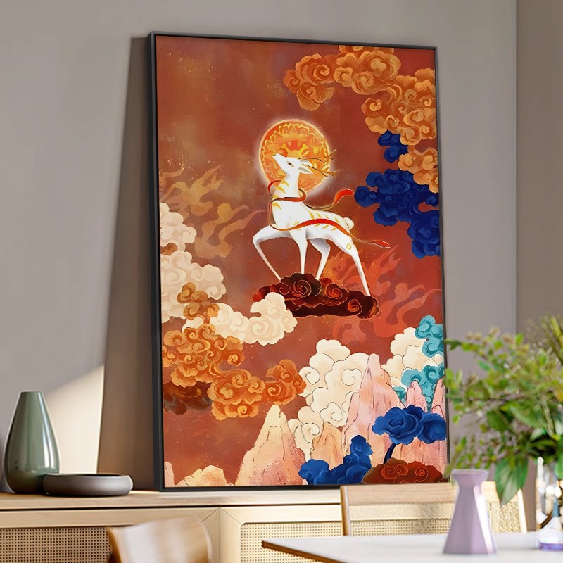 新中式发财鹿玄关装饰画敦煌福鹿红色壁画客厅走廊寓意好的挂画框图片