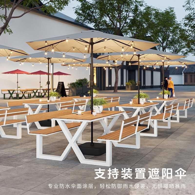 户外靠背连体桌椅组合花园庭院带伞座椅景区室外露天小吃街餐桌椅