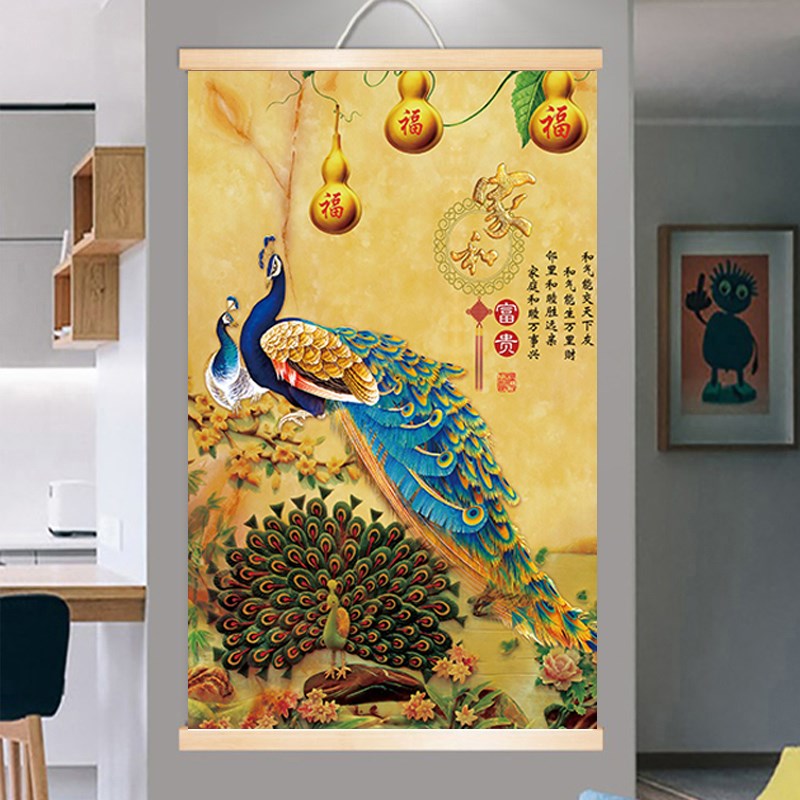 新中式挂画布艺无框画客厅入户玄关装饰画竖版中国风壁画孔雀墙画图片