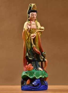 实木雕刻观音菩萨佛像摆件新中式彩绘观世音家居客厅玄关装饰礼品