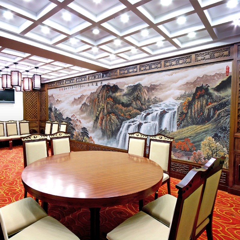 中式办公室大气山水墙纸沙发客厅电视G背景墙壁布流水生财大型壁