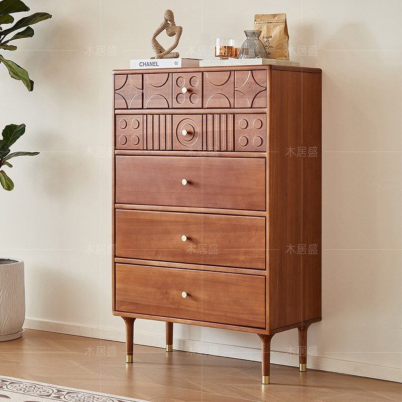 中古色花雕斗柜简约北欧床边柜实木柜子法式储物小柜中.古风收纳