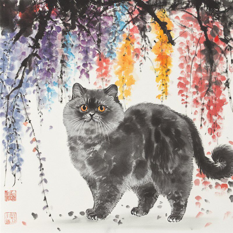 宠物中国画水墨宠物画定制 手绘猫咪狗狗爱犬动物画 萌宠画水彩画
