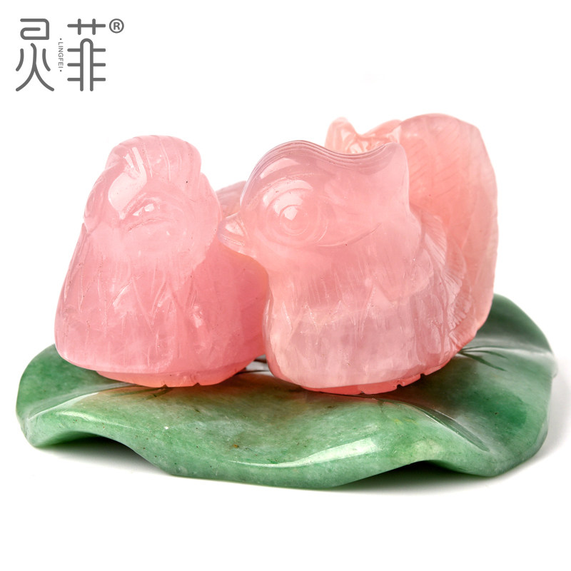 天然粉晶鸳鸯摆件一对比翼鸟芙蓉石C粉水晶室内卧室姻缘招桃花饰