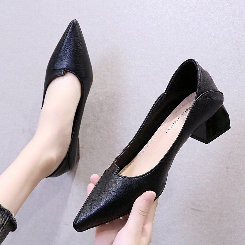 软皮单鞋女黑色久站不累脚尖头职业工作鞋女软底R高跟鞋粗跟小皮