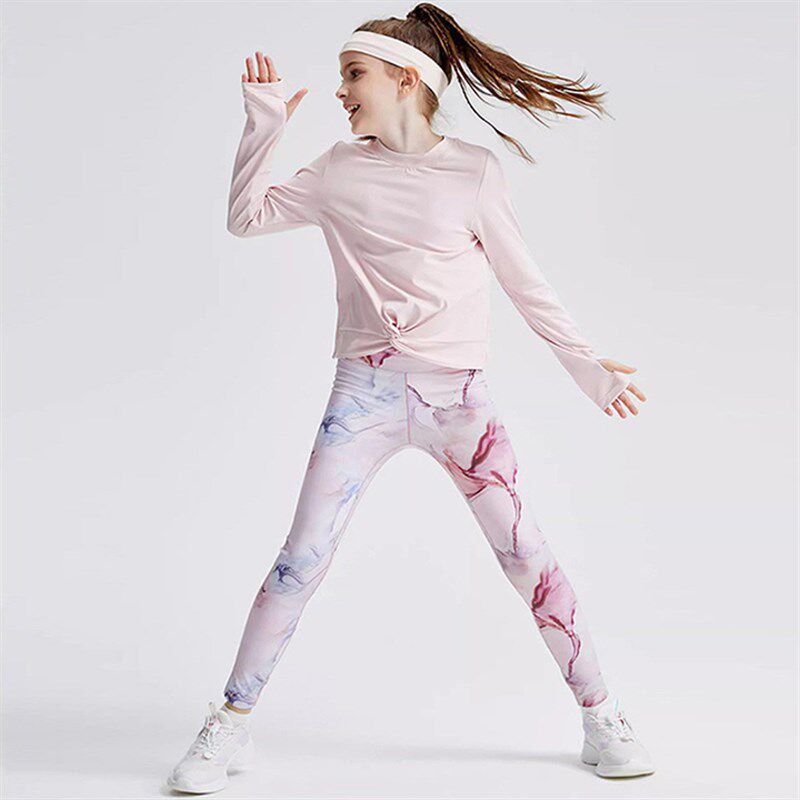秋冬季新款个性女孩儿童长袖瑜伽服套装跑步运动健身舞蹈衣印花裤