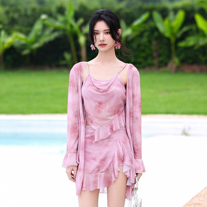 韩版泳衣女分体三件套罩衫外罩长袖微胖显瘦钢圈聚拢扎染泡温泉