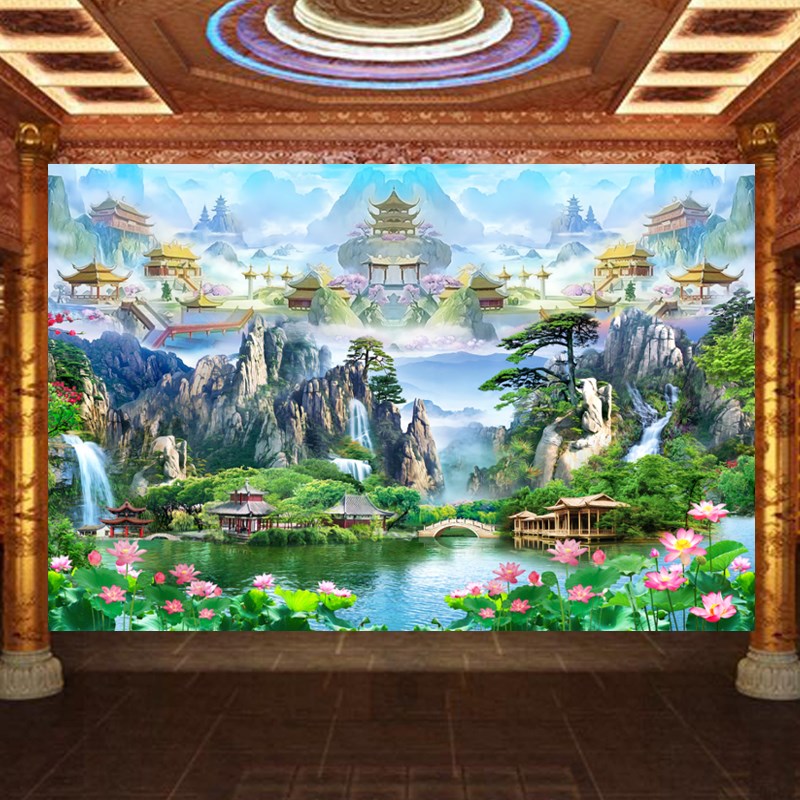 仙堂山水风景画背景墙纸流水生财荷花壁纸定制天宫天庭佛道仙墙布