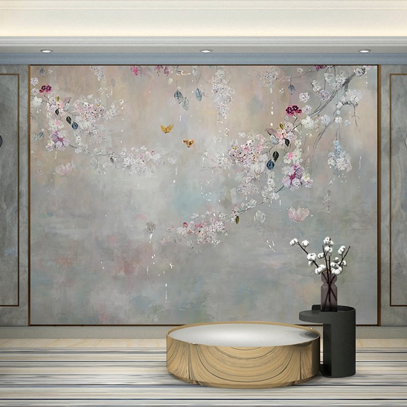 欧式客厅电视背景墙壁纸卧室手绘油画风格墙纸美式田园墙布灰色