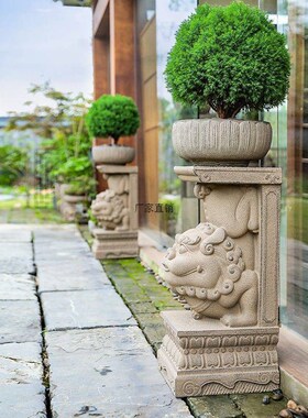 知饰仿石狮子摆件石雕门墩抱鼓石一对户外庭院造景布置花园装饰