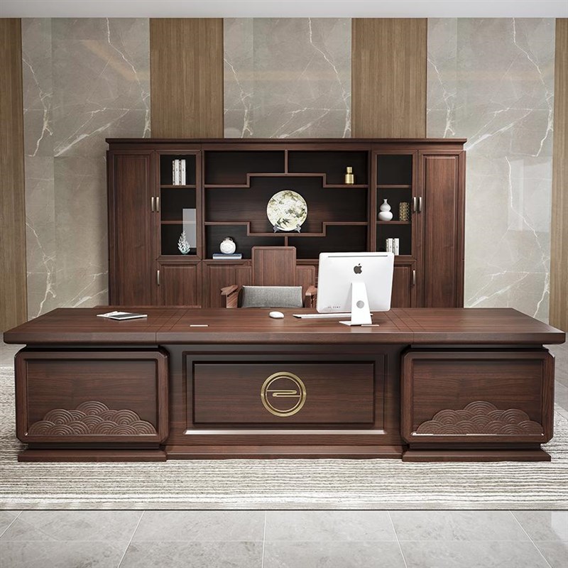 新中式实木大班台老板办公桌书柜组合高端乌金木总裁办公家具热卖