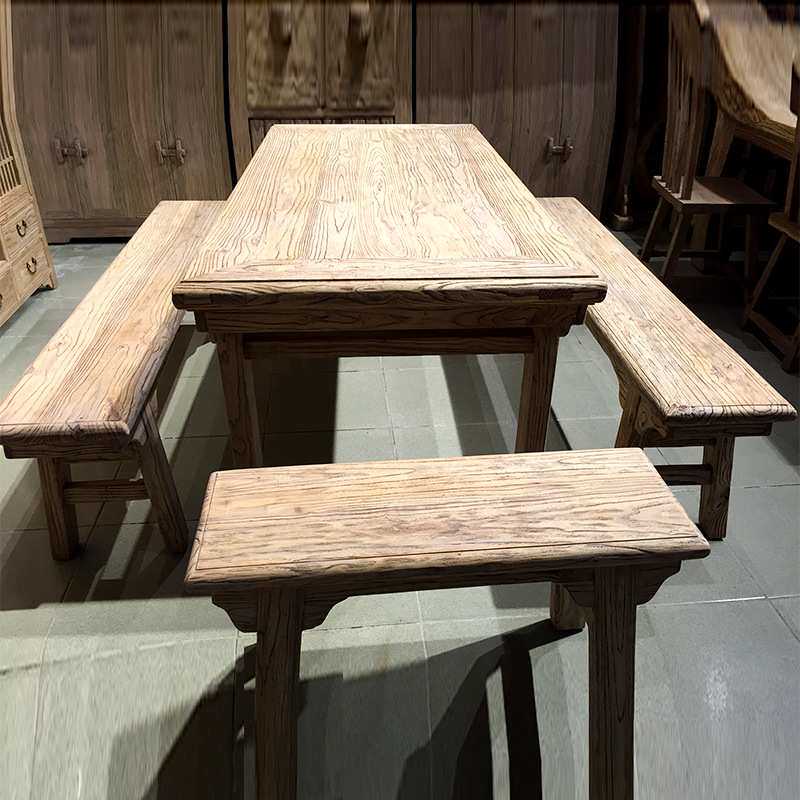 厂家供应榆木餐桌椅组合家用餐厅仿古新中式餐桌免漆实木家具