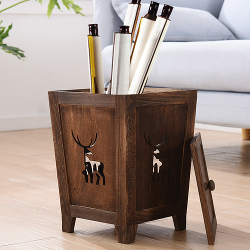 实木垃圾桶家用客厅卧室厨房垃圾篓有盖干花M桶酒店纸篓分类中式