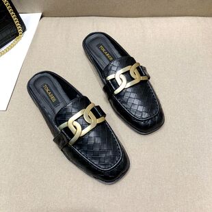 新款 金属扣方头包U头低跟半拖鞋 女鞋 时尚 子大码 欧美风2021春秋季