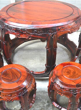 红木家具 老挝大红酸枝鼓桌鼓凳7件套 红P木圆餐桌 实木餐桌