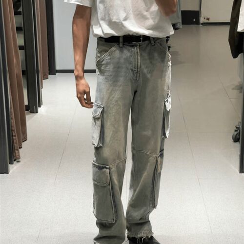【神裤2.0】24ss 口袋工装水B洗重工宽松蒋劲夫阔腿机能牛仔蓝高