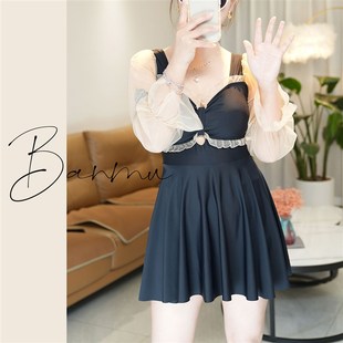 防晒温泉 长袖 泳衣女大码 胖mm2l00斤显瘦遮肚保守微胖女孩连体裙式