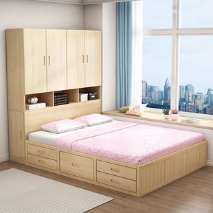 全实木衣柜一体床收纳气压高箱床床头储物床L榻榻米1.8米地台定制