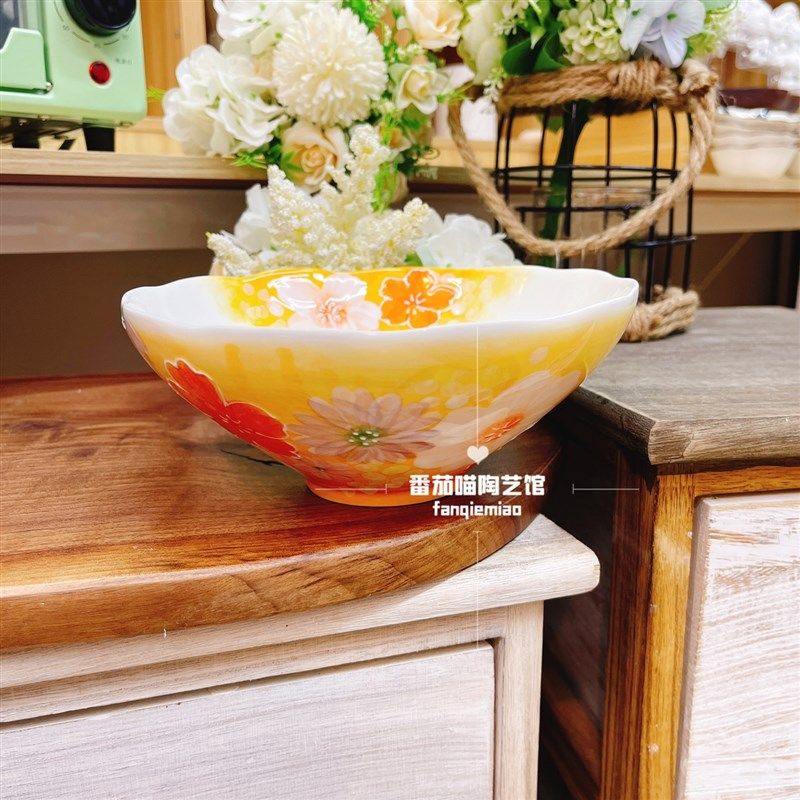 F74濑户烧陶瓷釉下彩手绘汤x碗大容量汤盆浮雕碗家用餐具大碗个性