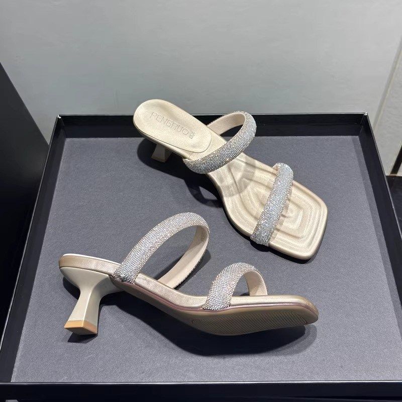 法式小跟一字拖鞋女2025夏季新款绸缎凉鞋细跟高跟鞋外穿水钻凉拖,女鞋,一字拖,淘宝优惠券,粉丝福利购,淘宝优惠卷
