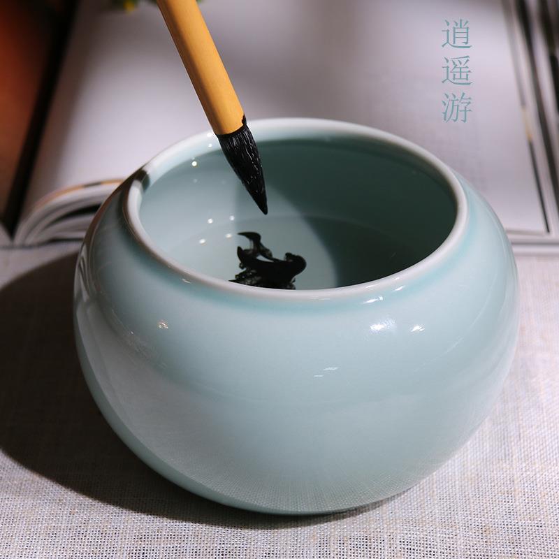 汝窑陶瓷笔洗缸洗笔杯陶瓷涮笔筒水彩洗墨缸国画文房四宝书法用具