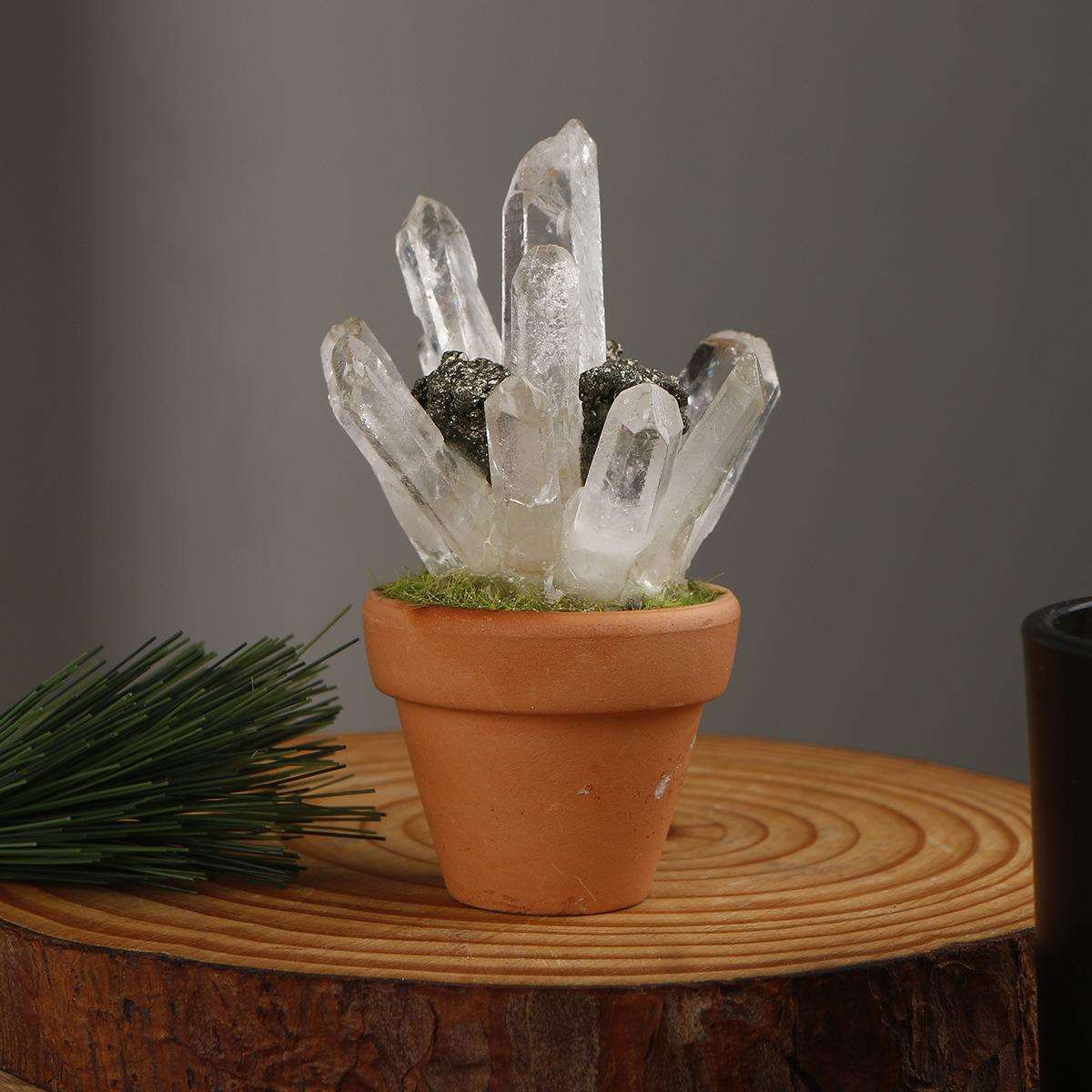 天然水晶原石矿标盆栽车载摆件创意宝石矿标桌面微景观陶盆工艺品