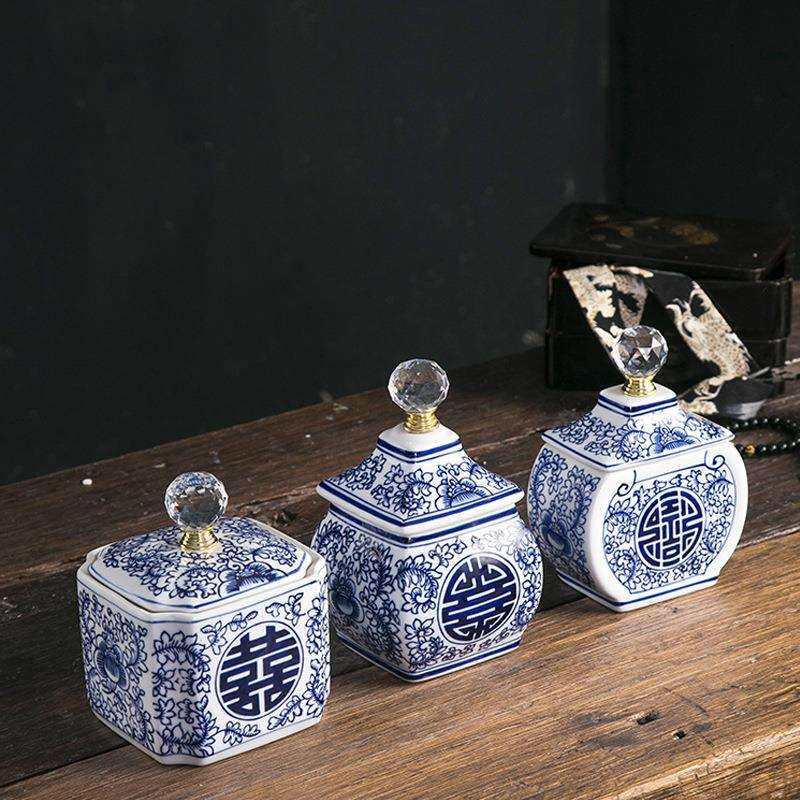 陶瓷青花瓷喜字青花储物罐糖果罐家居装饰花瓶小摆件样板间,鲜花速递/花卉仿真/绿植园艺,割草机/草坪机,淘宝优惠券,粉丝福利购,淘宝优惠卷