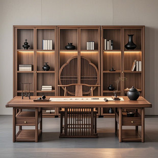 新中式全实木大书桌画案书画桌书法桌中式办公桌书架一体现代简约